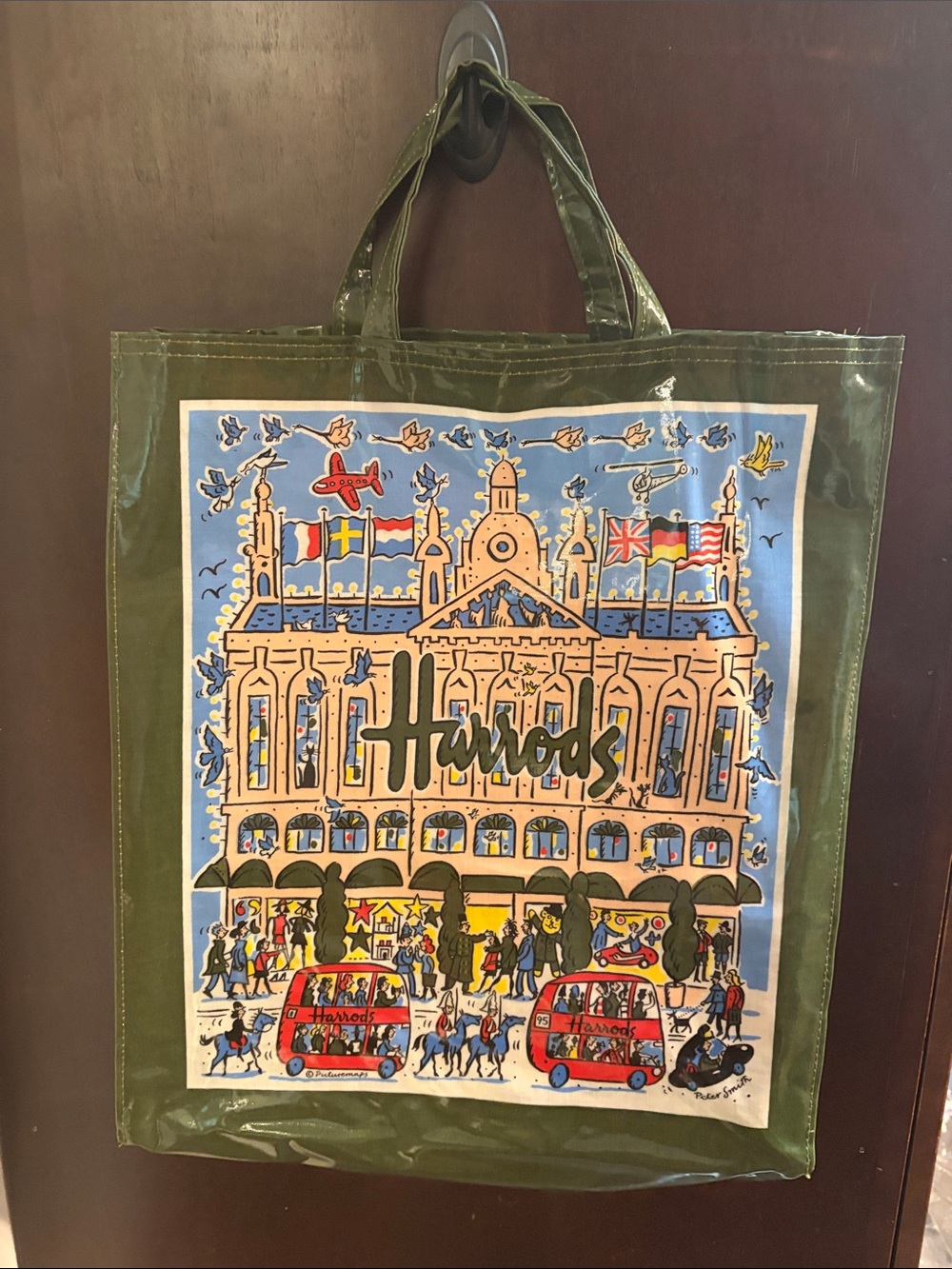 Harrods Olive Green Vinyl Tote with Colorful London Illustration